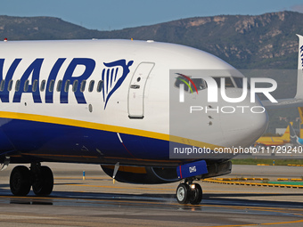 A Boeing 737-8AS from Ryanair is on the runway ready to take off from Barcelona airport in Barcelona, Spain, on October 8, 2024. (