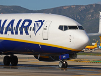 A Boeing 737-8AS from Ryanair is on the runway ready to take off from Barcelona airport in Barcelona, Spain, on October 8, 2024. (