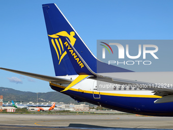 A Boeing 737-8AS from Ryanair is on the runway ready to take off from Barcelona airport in Barcelona, Spain, on October 8, 2024. (