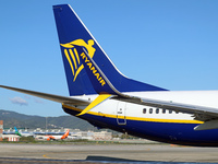 A Boeing 737-8AS from Ryanair is on the runway ready to take off from Barcelona airport in Barcelona, Spain, on October 8, 2024. (