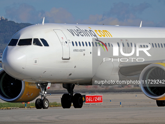 An Airbus A320-271N from Vueling is on the runway ready to take off from Barcelona airport in Barcelona, Spain, on October 8, 2024. (