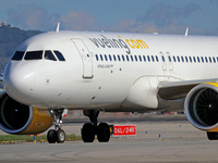 An Airbus A320-271N from Vueling is on the runway ready to take off from Barcelona airport in Barcelona, Spain, on October 8, 2024. (