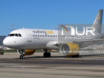 An Airbus A320-271N from Vueling is on the runway ready to take off from Barcelona airport in Barcelona, Spain, on October 8, 2024. (