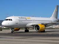 An Airbus A320-271N from Vueling is on the runway ready to take off from Barcelona airport in Barcelona, Spain, on October 8, 2024. (