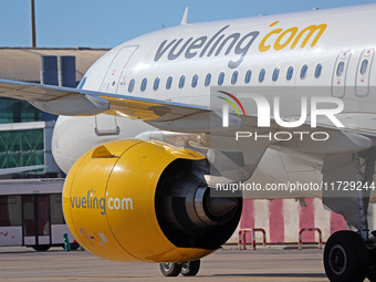 An Airbus A320-271N from Vueling is on the runway ready to take off from Barcelona airport in Barcelona, Spain, on October 8, 2024. (