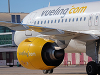 An Airbus A320-271N from Vueling is on the runway ready to take off from Barcelona airport in Barcelona, Spain, on October 8, 2024. (