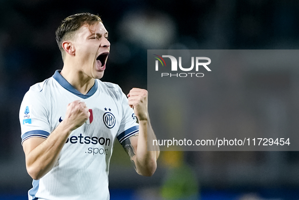 Nicolo' Barella of FC Internazionale celebrates after Davide Frattesi scored first goal  during the Serie A Enilive match between Empoli FC...