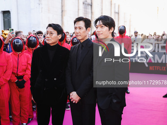 Hwang Dong-hyuk, Lee Jung-jae, and Wi Ha-joon attend the photocall for the press conference of Netflix's Squid Game Season 2 at Lucca Comics...