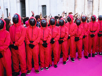 A cosplayer attends the photocall for the press conference of Netflix's Squid Game Season 2 at Lucca Comics & Games in Lucca, Italy, on Octo...