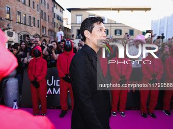 Lee Jung-jae attends the photocall for the press conference of Netflix's Squid Game Season 2 at Lucca Comics & Games in Lucca, Italy, on Oct...