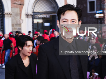 Lee Jung-jae and Wi Ha-joon attend the photocall for the press conference of Netflix's Squid Game Season 2 at Lucca Comics & Games in Lucca,...