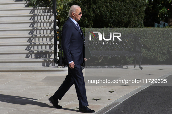 U.S. President Joe Biden departs the White House in Washington, D.C. on November 1, 2024 to travel to Philadelphia, Pennsylvania to deliver...