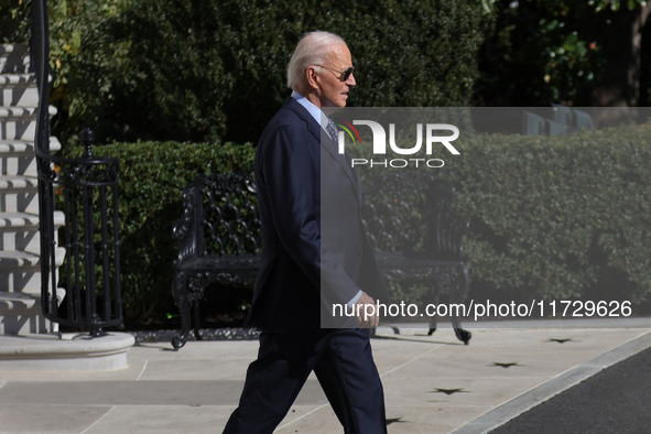 U.S. President Joe Biden departs the White House in Washington, D.C. on November 1, 2024 to travel to Philadelphia, Pennsylvania to deliver...