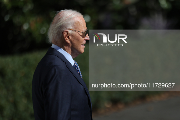 U.S. President Joe Biden departs the White House in Washington, D.C. on November 1, 2024 to travel to Philadelphia, Pennsylvania to deliver...