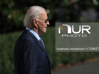 U.S. President Joe Biden departs the White House in Washington, D.C. on November 1, 2024 to travel to Philadelphia, Pennsylvania to deliver...