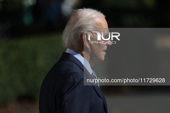 U.S. President Joe Biden departs the White House in Washington, D.C. on November 1, 2024 to travel to Philadelphia, Pennsylvania to deliver...