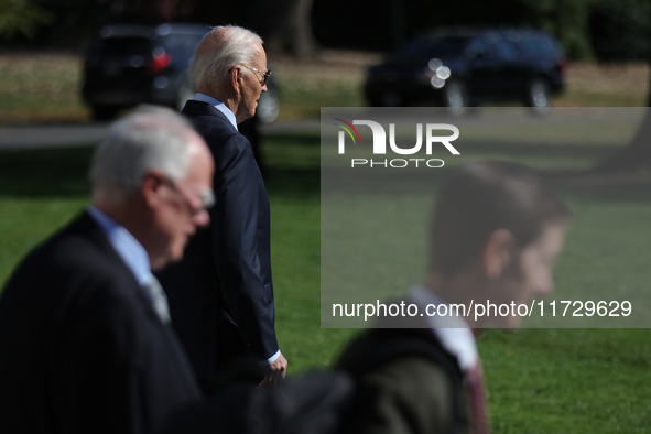 U.S. President Joe Biden departs the White House in Washington, D.C. on November 1, 2024 to travel to Philadelphia, Pennsylvania to deliver...