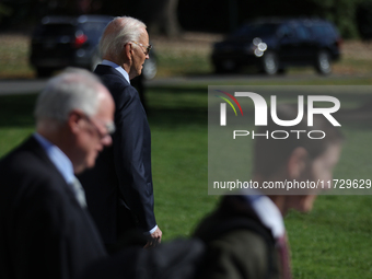 U.S. President Joe Biden departs the White House in Washington, D.C. on November 1, 2024 to travel to Philadelphia, Pennsylvania to deliver...