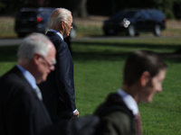 U.S. President Joe Biden departs the White House in Washington, D.C. on November 1, 2024 to travel to Philadelphia, Pennsylvania to deliver...