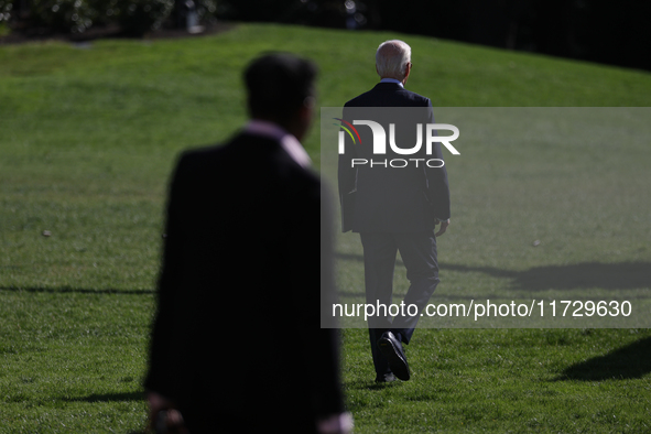 U.S. President Joe Biden departs the White House in Washington, D.C. on November 1, 2024 to travel to Philadelphia, Pennsylvania to deliver...