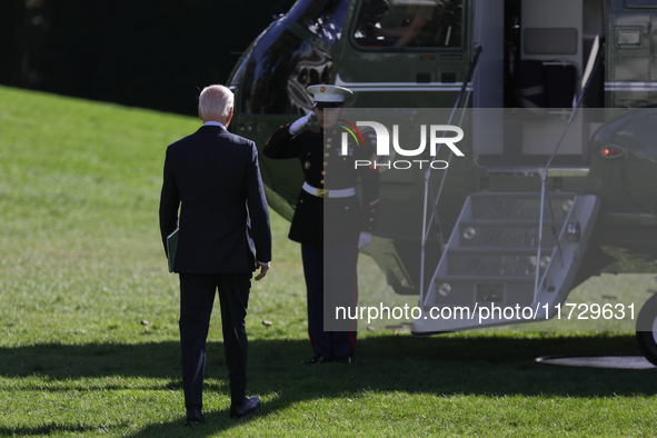 U.S. President Joe Biden departs the White House in Washington, D.C. on November 1, 2024 to travel to Philadelphia, Pennsylvania to deliver...