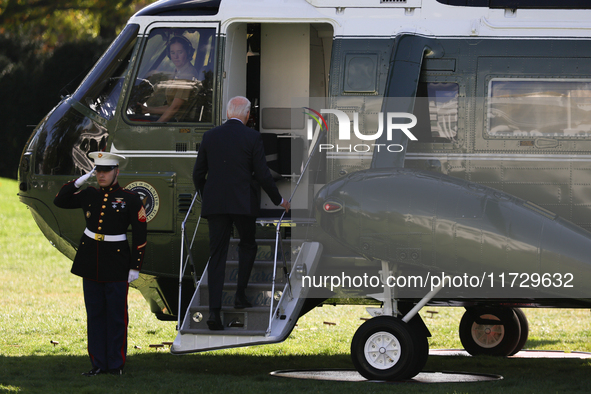 U.S. President Joe Biden departs the White House in Washington, D.C. on November 1, 2024 to travel to Philadelphia, Pennsylvania to deliver...