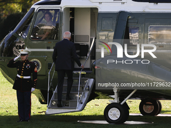 U.S. President Joe Biden departs the White House in Washington, D.C. on November 1, 2024 to travel to Philadelphia, Pennsylvania to deliver...