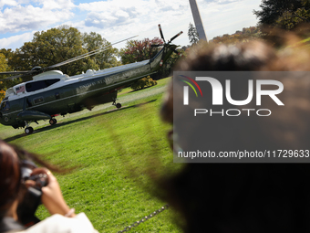 Seen beyond members of the press, Marine One carrying U.S. President Joe Biden departs the South Lawn of the White House in Washington, D.C....