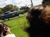 Seen beyond members of the press, Marine One carrying U.S. President Joe Biden departs the South Lawn of the White House in Washington, D.C....