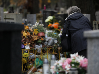 A garbage can is at the Rakowicki Cemetery during preparations for All Saints' Day in Krakow, Poland, on October 30, 2024. November 1 is cel...