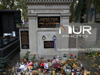 The grave of the Stuhr family at the Rakowicki Cemetery is prepared for All Saints' Day on October 30, 2024, in Krakow, Poland. November 1 i...