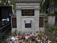 The grave of the Stuhr family at the Rakowicki Cemetery is prepared for All Saints' Day on October 30, 2024, in Krakow, Poland. November 1 i...