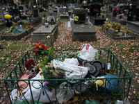 A garbage can is at the Rakowicki Cemetery during preparations for All Saints' Day in Krakow, Poland, on October 30, 2024. November 1 is cel...