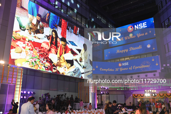 Lighting decoration is seen at the National Stock Exchange office building during Diwali, the Hindu festival of lights, in Mumbai, India, on...