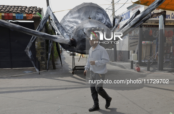 A resident of Santiago Zapotitlan, Tlahuac, walks in front of a monumental spider in Mexico City, Mexico, on November 1, 2024, heading to th...