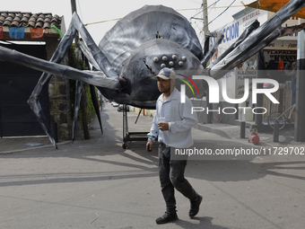 A resident of Santiago Zapotitlan, Tlahuac, walks in front of a monumental spider in Mexico City, Mexico, on November 1, 2024, heading to th...