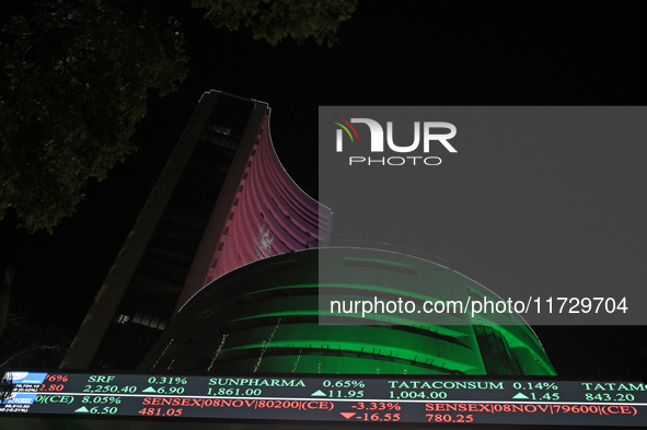 The Bombay Stock Exchange office building is decorated with colored lights during a special ''muhurat'' trading session for Diwali, the Hind...