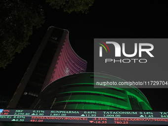 The Bombay Stock Exchange office building is decorated with colored lights during a special ''muhurat'' trading session for Diwali, the Hind...