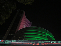 The Bombay Stock Exchange office building is decorated with colored lights during a special ''muhurat'' trading session for Diwali, the Hind...