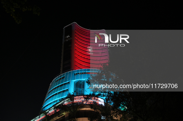 The Bombay Stock Exchange office building is decorated with colored lights during a special ''muhurat'' trading session for Diwali, the Hind...