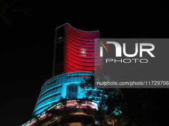 The Bombay Stock Exchange office building is decorated with colored lights during a special ''muhurat'' trading session for Diwali, the Hind...