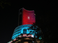 The Bombay Stock Exchange office building is decorated with colored lights during a special ''muhurat'' trading session for Diwali, the Hind...