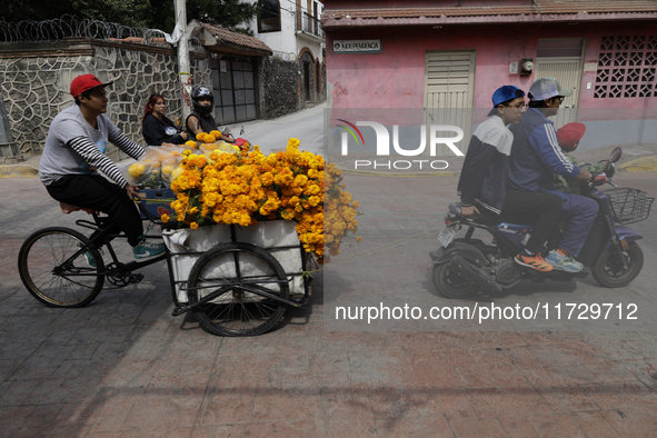 Residents of Santiago Zapotitlan in Mexico City, Mexico, on November 1, 2024, transport flowers on a tricycle to the community cemetery wher...