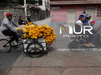 Residents of Santiago Zapotitlan in Mexico City, Mexico, on November 1, 2024, transport flowers on a tricycle to the community cemetery wher...