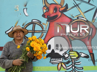 A resident of Santiago Zapotitlan in Mexico City holds flowers in front of a mural on November 1, 2024, and heads towards the community ceme...