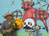 A resident of Santiago Zapotitlan in Mexico City holds flowers in front of a mural on November 1, 2024, and heads towards the community ceme...