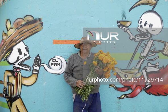 A resident of Santiago Zapotitlan in Mexico City holds flowers in front of a mural on November 1, 2024, and heads towards the community ceme...