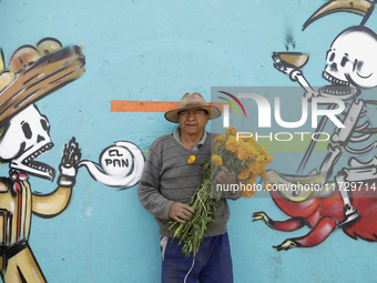 A resident of Santiago Zapotitlan in Mexico City holds flowers in front of a mural on November 1, 2024, and heads towards the community ceme...