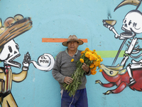 A resident of Santiago Zapotitlan in Mexico City holds flowers in front of a mural on November 1, 2024, and heads towards the community ceme...