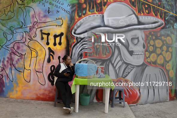 A mural is visible in Santiago Zapotitlan in Mexico City, on November 1, 2024, where inhabitants attend the community cemetery to decorate t...